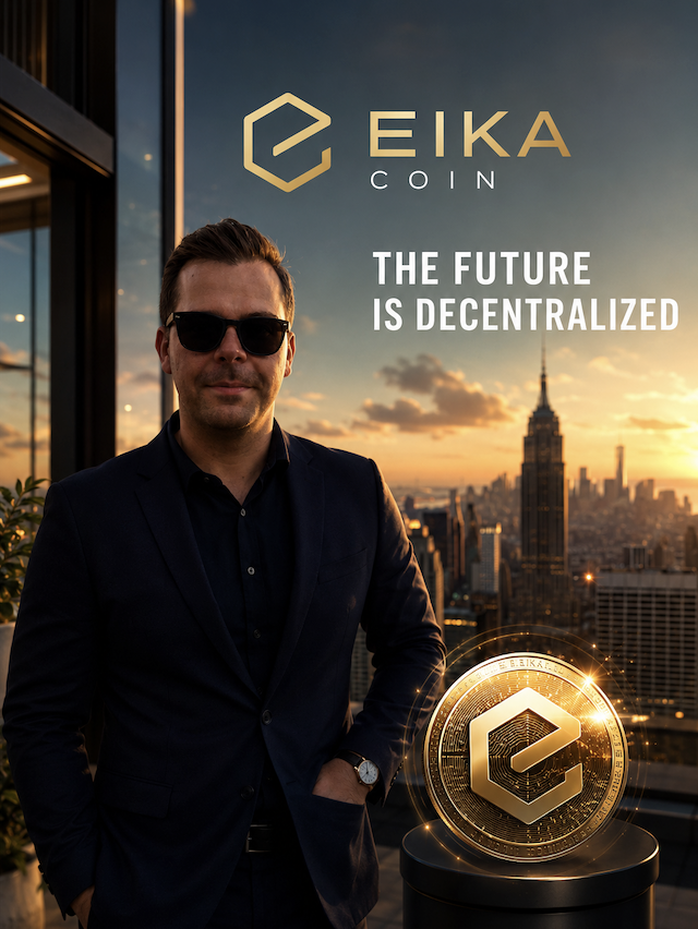 Eika Coin promotional artwork featuring founder Edvard Eikenes and the Eika Coin emblem